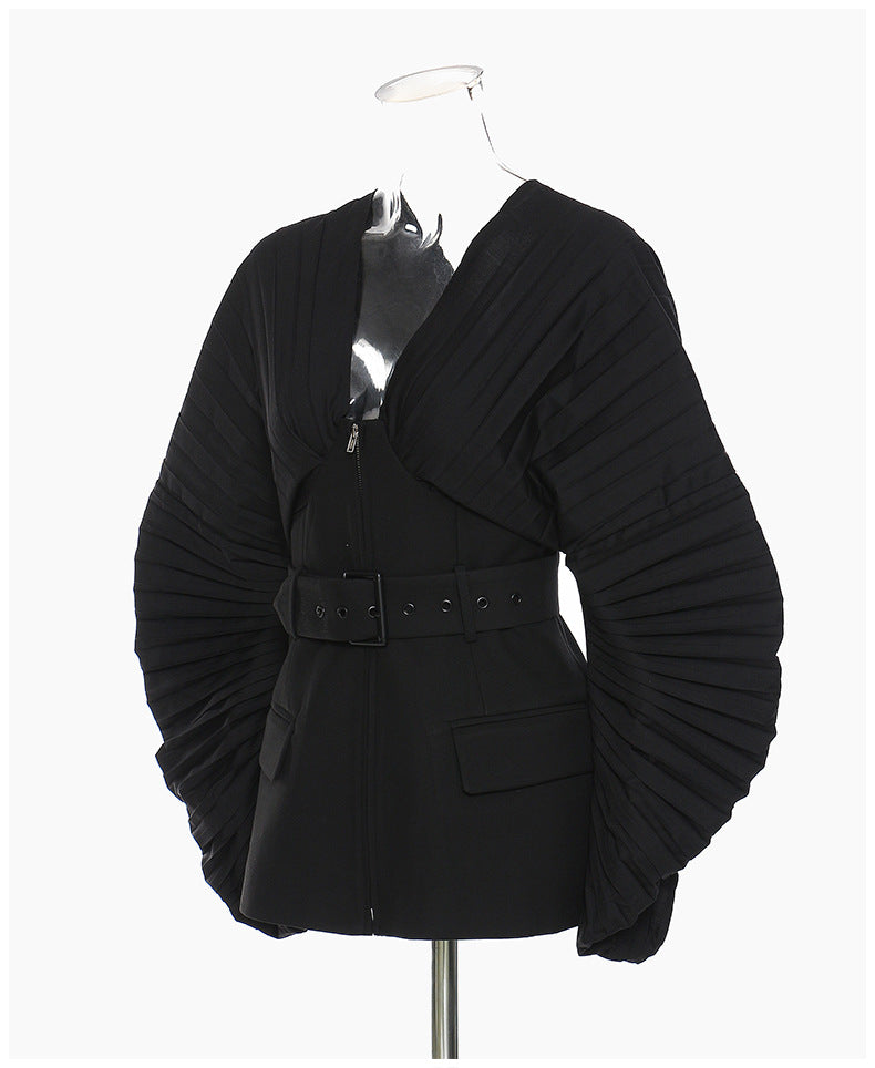 V-neck Heavy Industry Pleated Sleeve Top Waist Coat