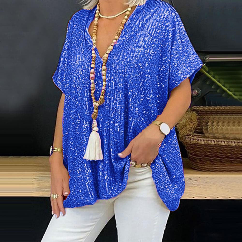 Loose Pullover Sequined V-neck T-shirt Top Women's Clothing
