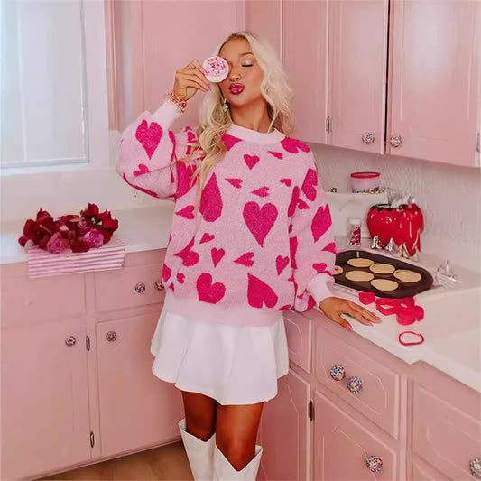 Round Neck Heart-shaped Two-color Jacquard Pullover Sweet