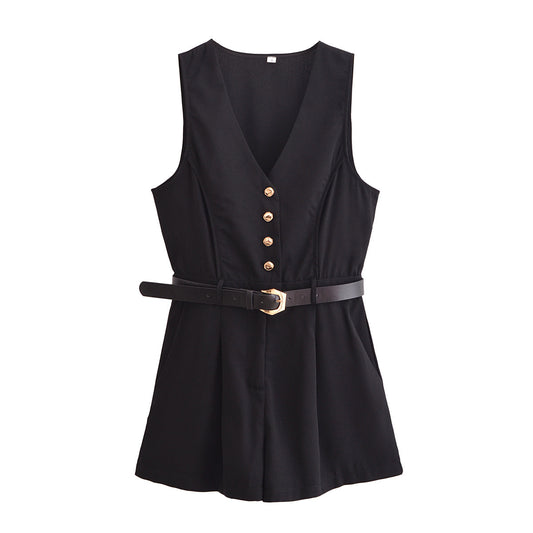 V-neck With Belt Short Jumpsuit