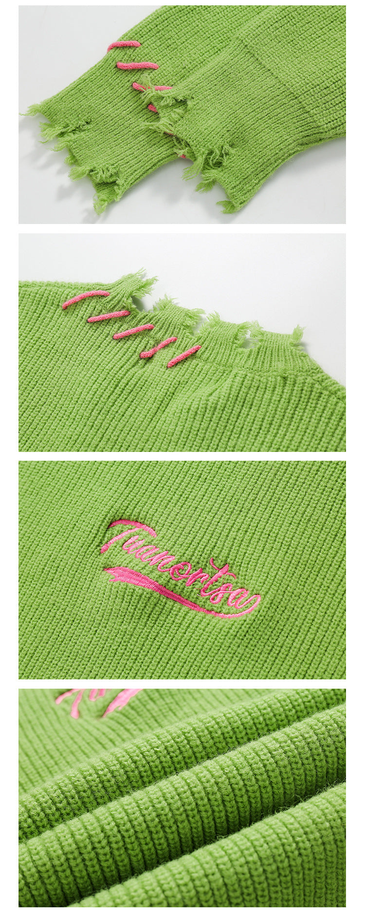 High Street Hip Hop Contrasting Color Embroidery Ripped Green Sweater