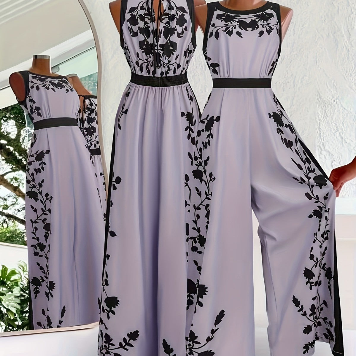 Elegant Sleeveless Womens Casual Printed Jumpsuit With Open Back