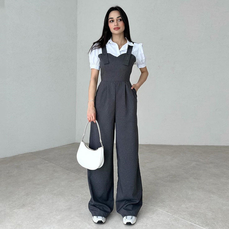 Solid Color High Waist Loose Wide Legs Trousers Sleeveless Jumpsuit