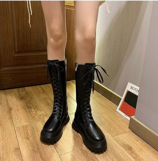 Breathable Platform Lace-up Mid-tube Martin Boots