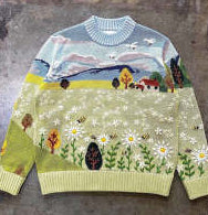 Autumn Thin Printed Round Neck Long Sleeve Knitted Loose Casual Top