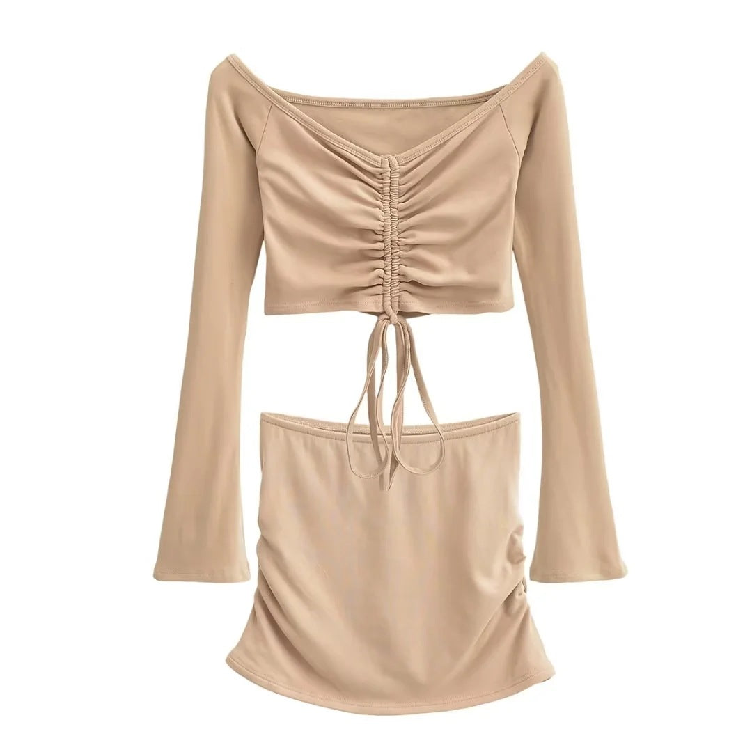 Solid-color Drawstring Pleated Wrap Skirt And Top Set For Women