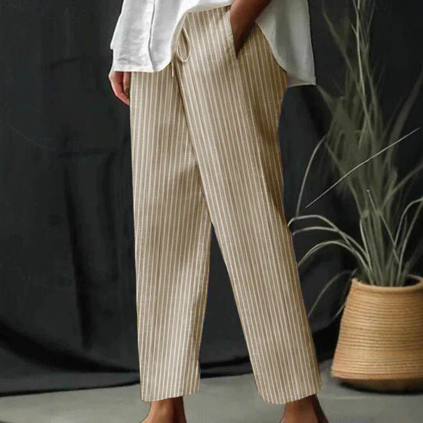 Casual Homewear Pants New Striped Solid Color Cotton And Linen Loose Trousers