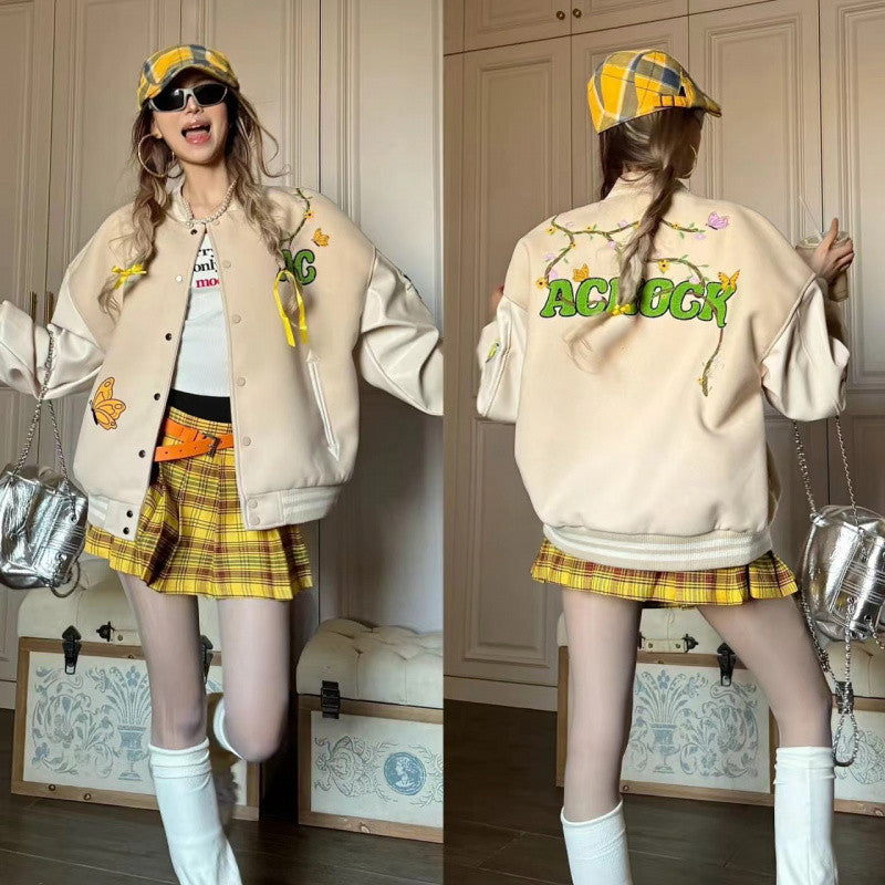 Women's Retro Korean Type Ins Embroidered Letter Baseball Jacket