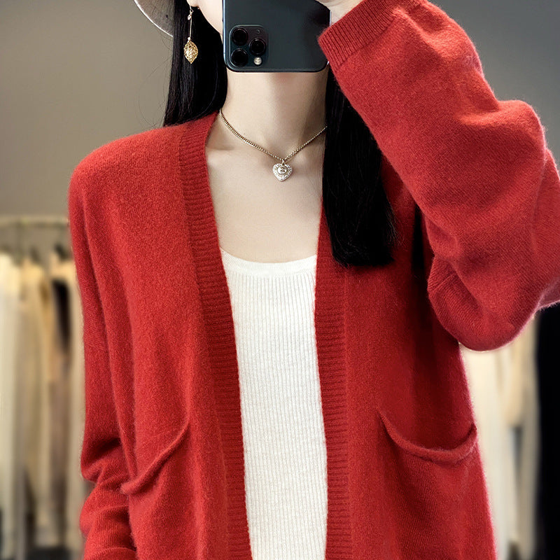 Spring And Autumn New Cardigan Solid Color And V-neck Thin Loose Slimming And All-matching Coat With Pocket