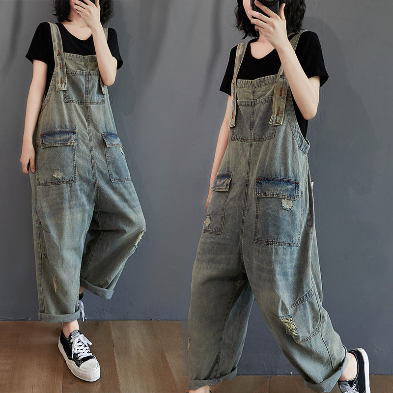 Retro Nostalgiske Ripped Denim Overalls til Kvinder