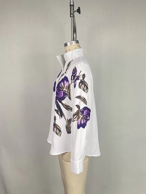 Long Sleeve And Loose Print Top Stand Collar Shirt
