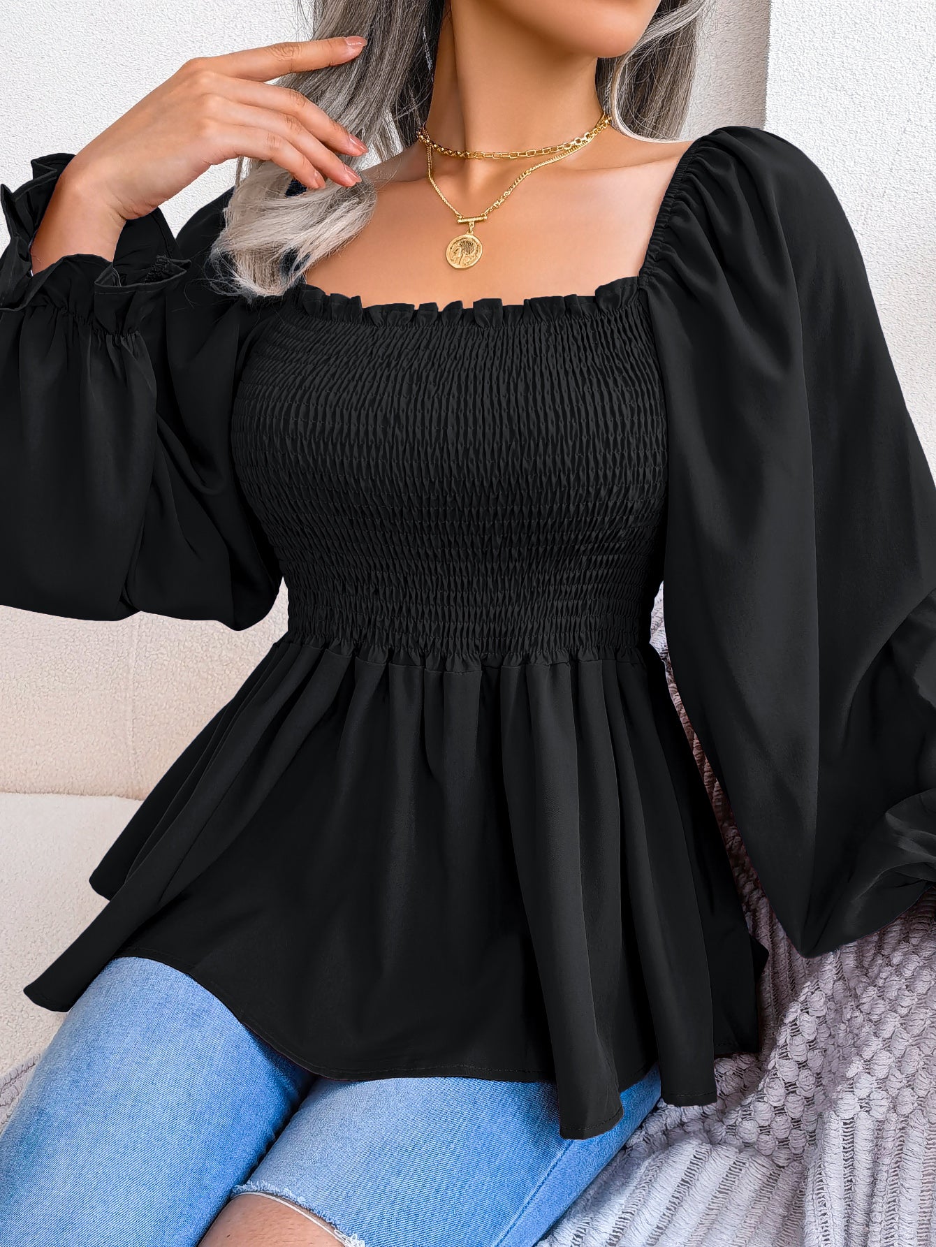 Women's Casual Ruffle Trim Square Neck Long Sleeve Chiffon Top
