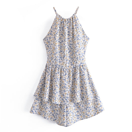 Backless Lace-up Printed One-piece Shorts