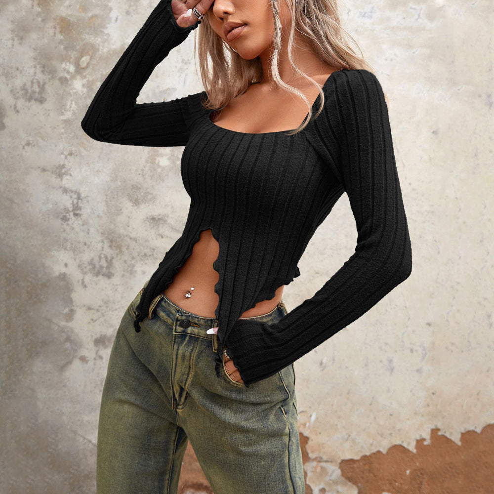 European And American Unique Design Sense Niche T-shirt Autumn And Winter New Sexy Cropped Short Top