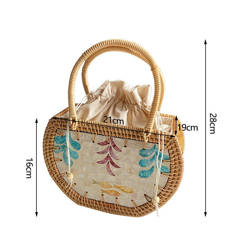 Women's Fashion Handmade Cabas Shell Rattan Storage Picnic Bag