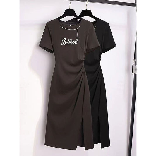 Cut-and-sew Irregularly Slit Casual Black Dress