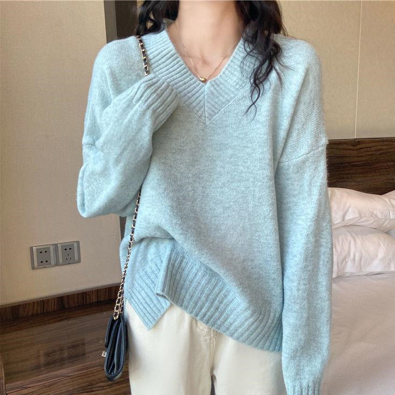 Cotton Cashmere Casual Laid-back Style V-neck Pullover Sweater