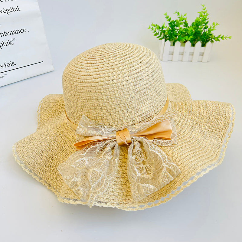 Women's Outdoor Large Brim Bow Straw Hat With Shade