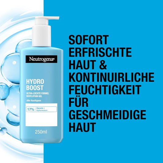 Neutrogena Hydro Boost Bodylotion Gel, Ultra-Leichte Formel Für Geschmeidige Haut, Feuchtigkeitsspendende Körperlotion Mit 17Prozent Glycerin + Hyaluronsäure, Körpercreme-Gel Für Alle Hauttypen 250 Ml