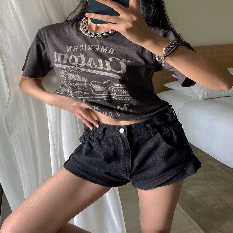 Style Retro Distressed Printed Short-sleeved Women's Round Neck Loose