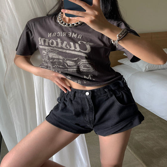 Style Retro Distressed Printed Short-sleeved Women's Round Neck Loose