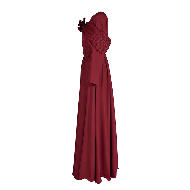 Round-neck Fitted-waist Patchwork Floral-patterned Solid Red Dress