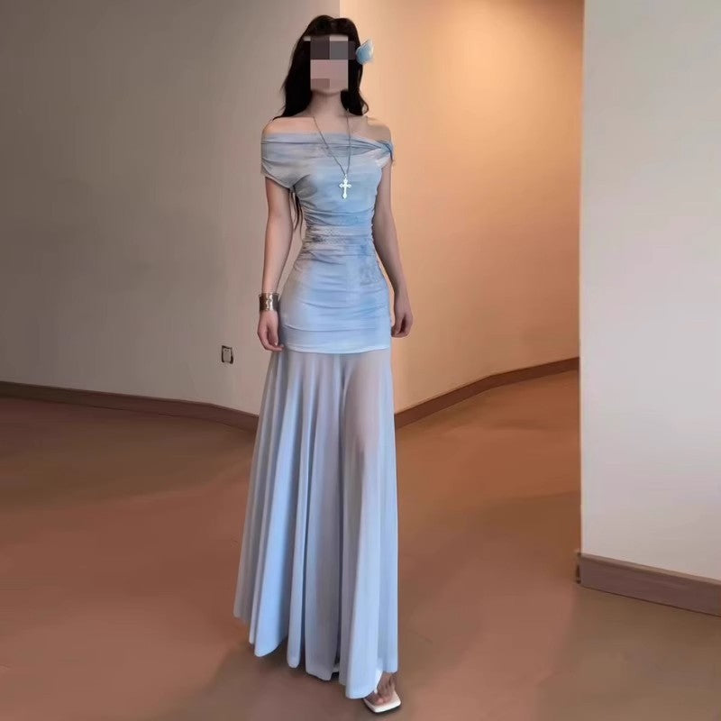 Women's Blue Mesh Off-shoulder Dress