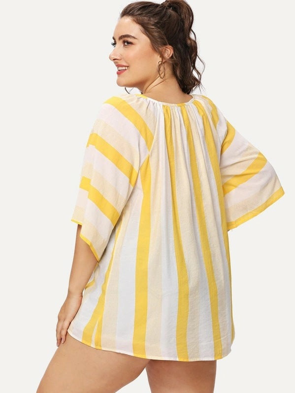 Women's Striped Half Sleeve Top Loose Crew Neck Fringe Belted Shirt