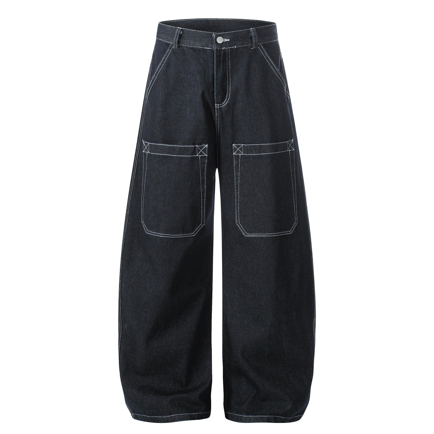 Womens Denim Wide-Leg Pants With Exposed Stitching On The Tool Pockets