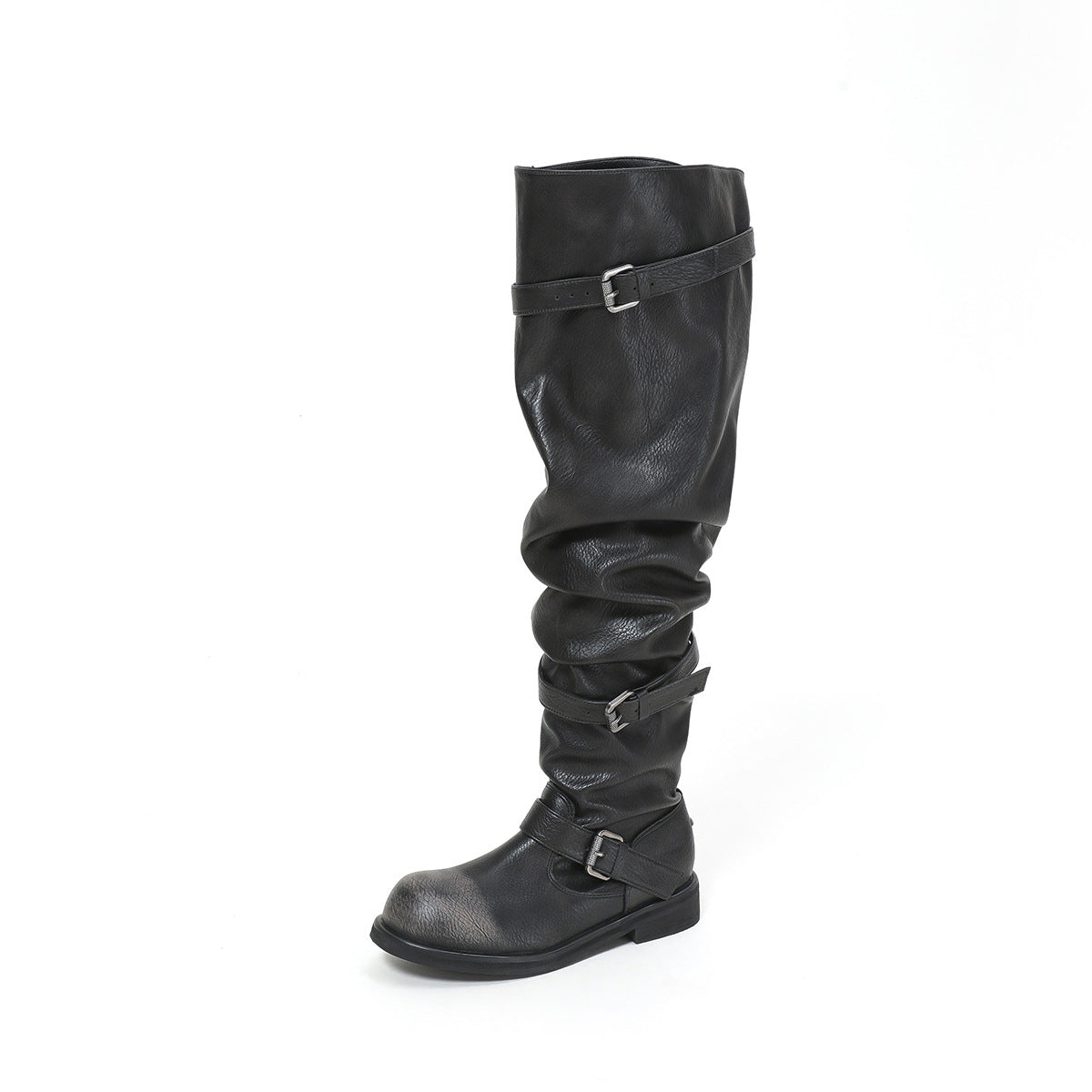 Women's Fashionable Wide-calf Soft-leather Chunky-soled Booties