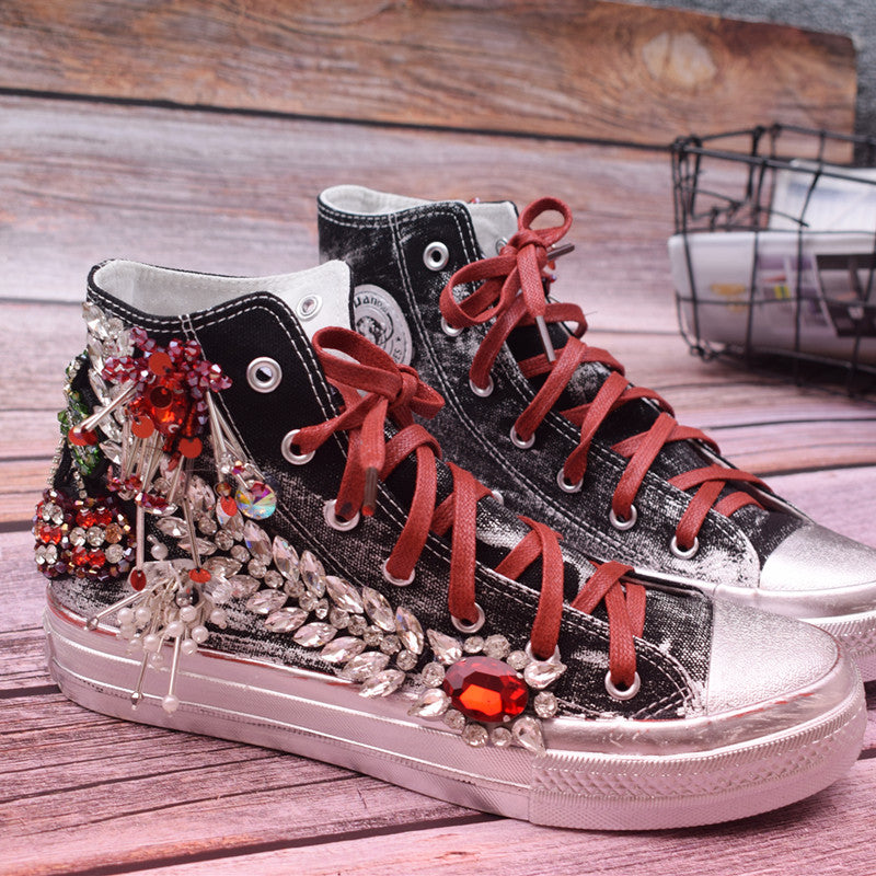 Beaded Three-dimensional Flower Color Matching Western Style High-top Canvas Women's Shoes