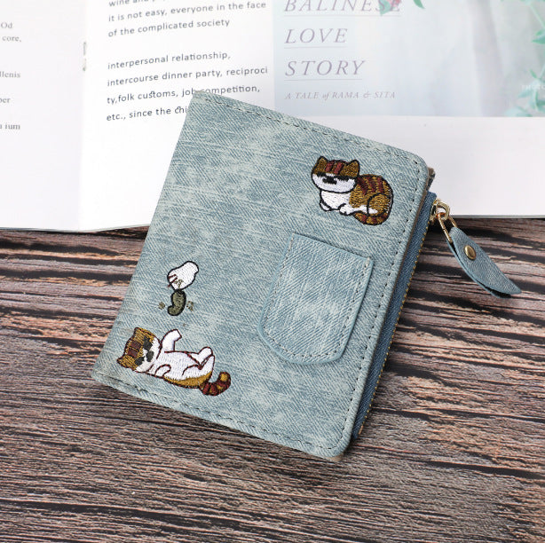 Jeans Style Wallet Cat Embroidered Canvas Large-capacity Wallet