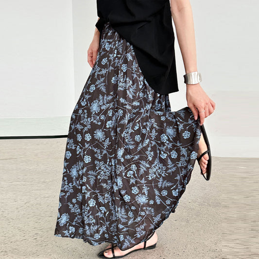 Vintage Floral Women's Summer Loose Pleated High Waist Drooping A- Line Umbrella Skirt