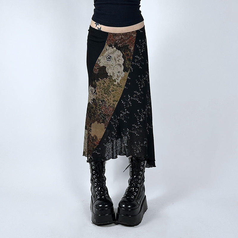 Retro Ethnic Style Personalized Printing Stitching Asymmetric Skirt