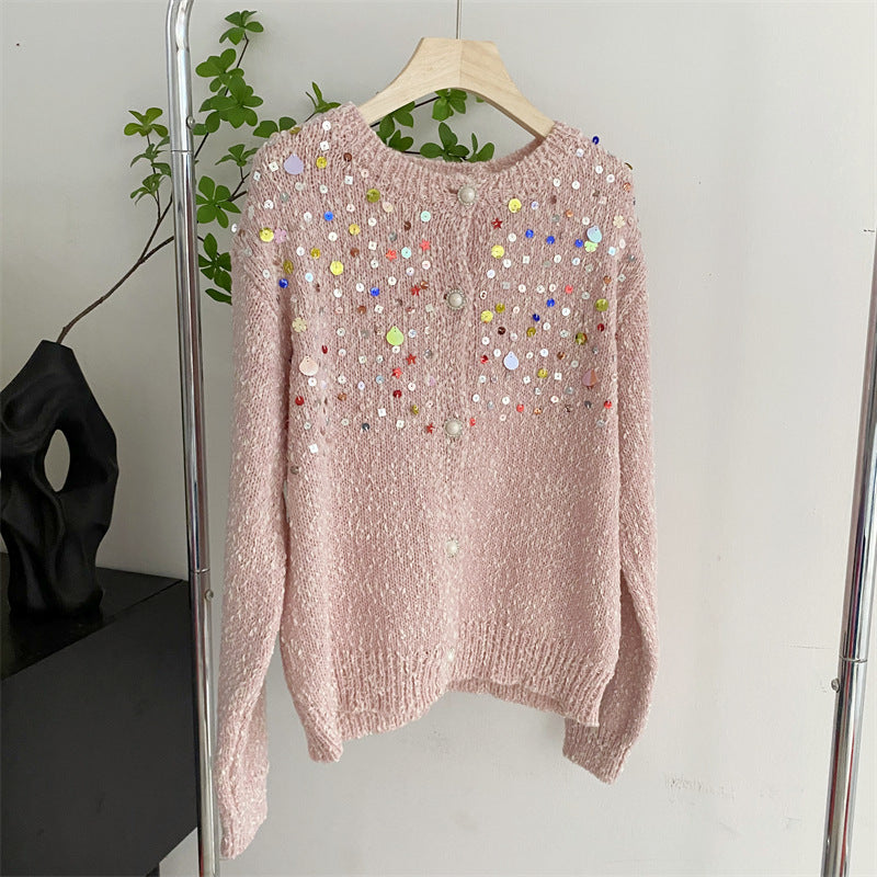 Sweet Design Idle Style Sequined Sweater For Women Spring And Autumn New Knitted Cardigan Outerwear Top