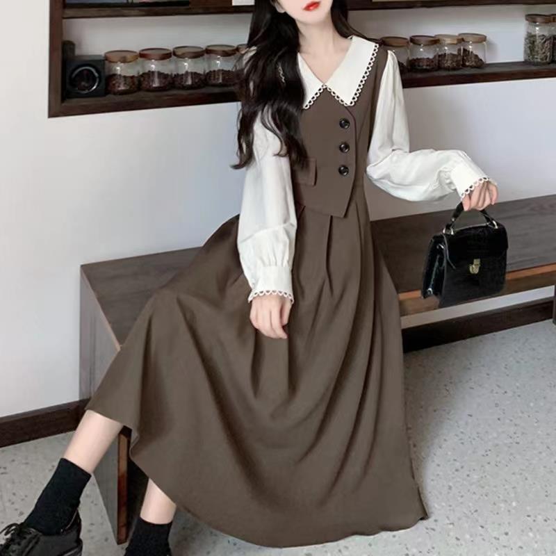 Womens French-Style Retro Patchwork Mock Two-Piece Dress