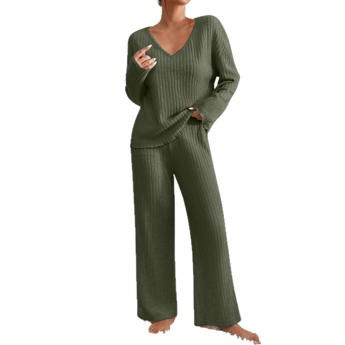 Long Sleeve V-neck Knitted Sunken Stripe Brushed Loose Leisure Suit
