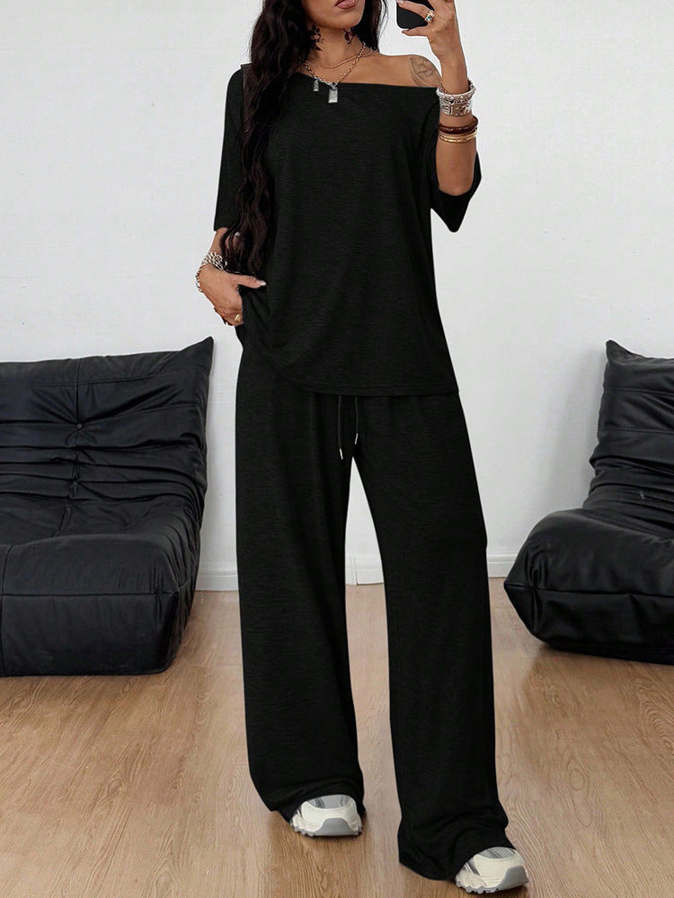 Women's Casual Solid-Color Sports Two-Piece Set With Loose-Fit Trousers