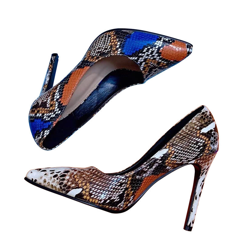 Fashion Pointed Colored Snake Print Stiletto Heels