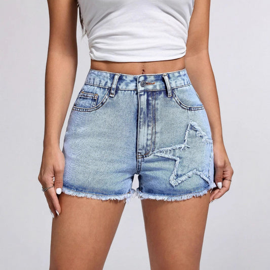 Womens Casual Stylish Raw-edge Star Denim Shorts
