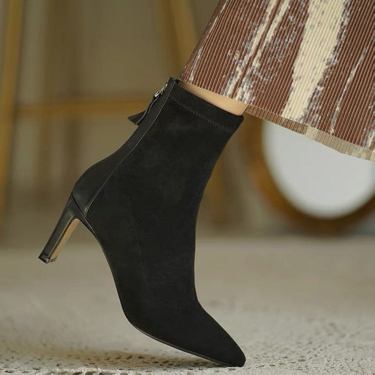 Stiletto Heel And Pointed Temperament Suede Sheepskin Plus Velvet Back Zipper Thin Boots