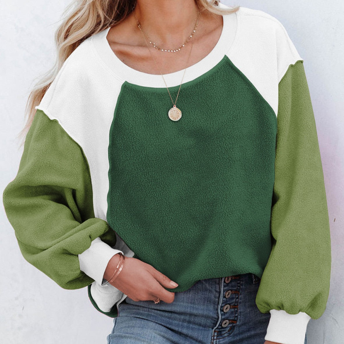 Fleece Lantern Sleeve Sweater Plush Contrast Color Long Sleeve Pullover Top