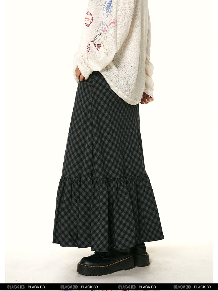 Women's Retro Easy Matching Ruffled Plaid Fishtail Skirt