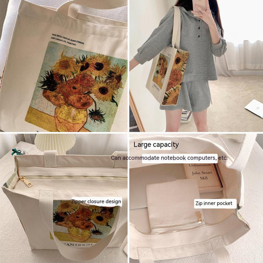 Van Gogh Sunflower Oil Painting Zipper Canvas Bag