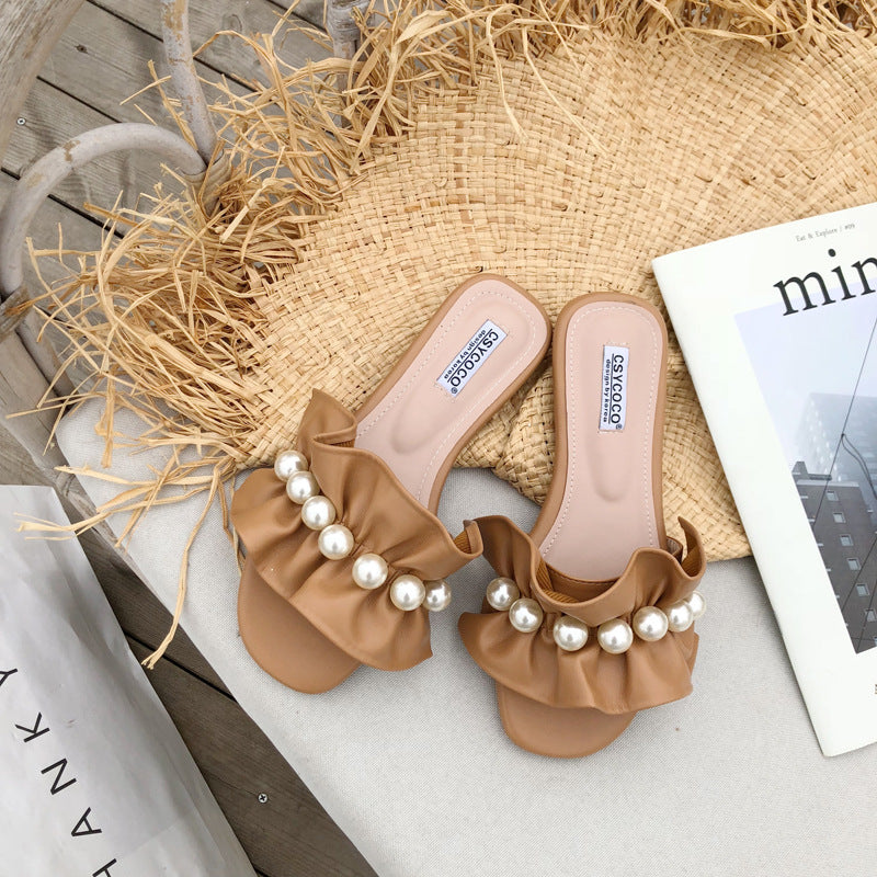 Pure color summer ruffled flat pearl slippers