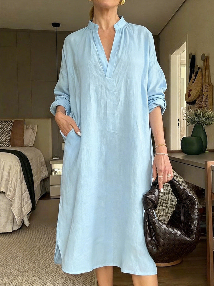 Womens Retro Cotton-Linen Long-Sleeve V-Neck Pocket Dress