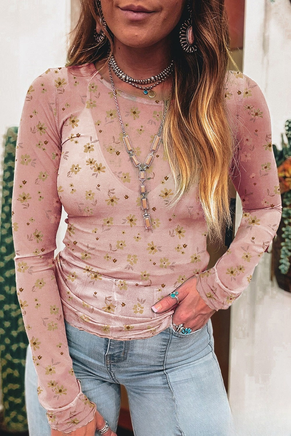 Casual Floral-print Crew-neck Long-sleeve Slim-fit Bottoming Top