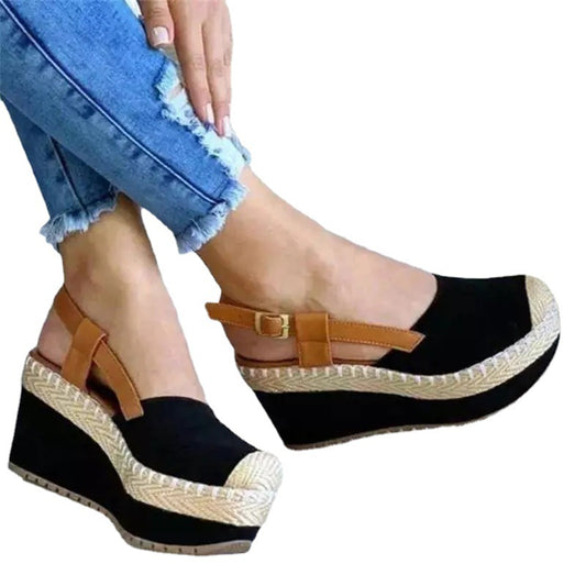 Wedge Heel Color-blocked Toe-toe Straw Buckle Sandals