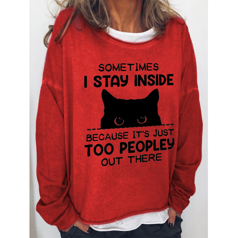 Black Cat English Round Neck Long-sleeved Pullover Top