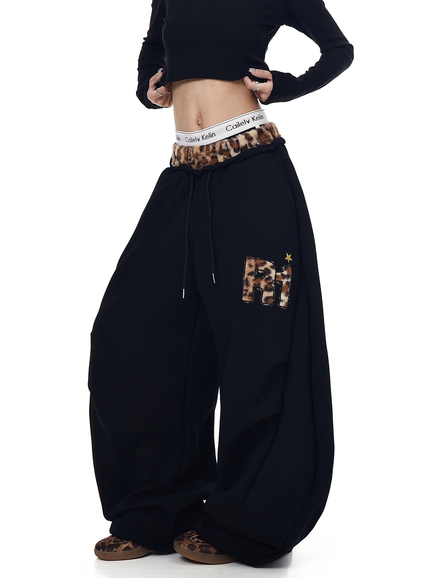 Womens Retro Embroidered Wide-Leg Sweatpants